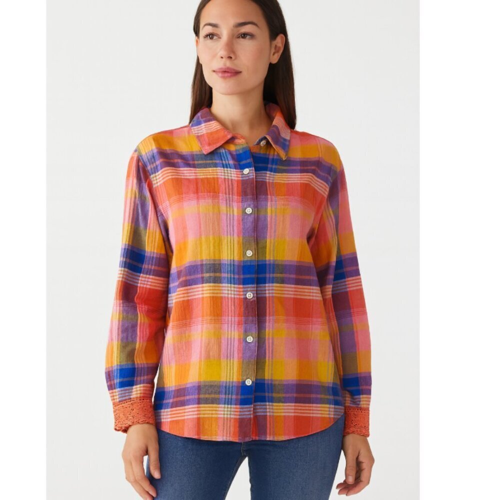 Soft Surroundings Shirt Womens Medium Multicolor Plaid Smocked Boho Top Cotton
